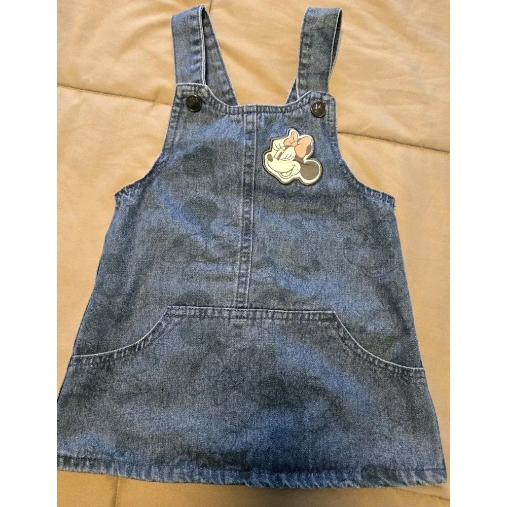 Disney Junior Minnie Mouse Denim Jumper Dress Toddler 24M Embroidered Cute